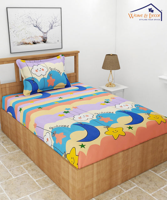 Dreamy Starry Night Kids Single Bedsheet With 1 Pillow Cover