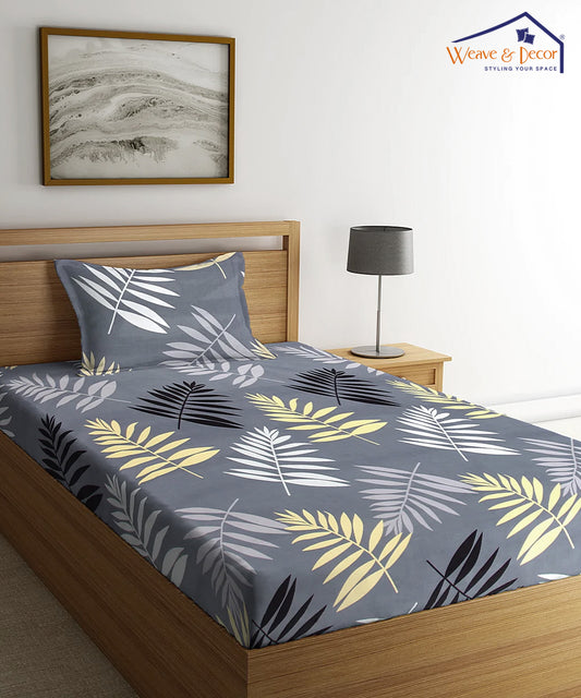Grey Floral Single Fitted Bedsheet With 1 Pillow Cover