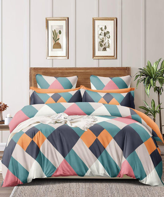 Multicoloured Squares Queen Fitted Bedsheet With 2 Pillow Covers