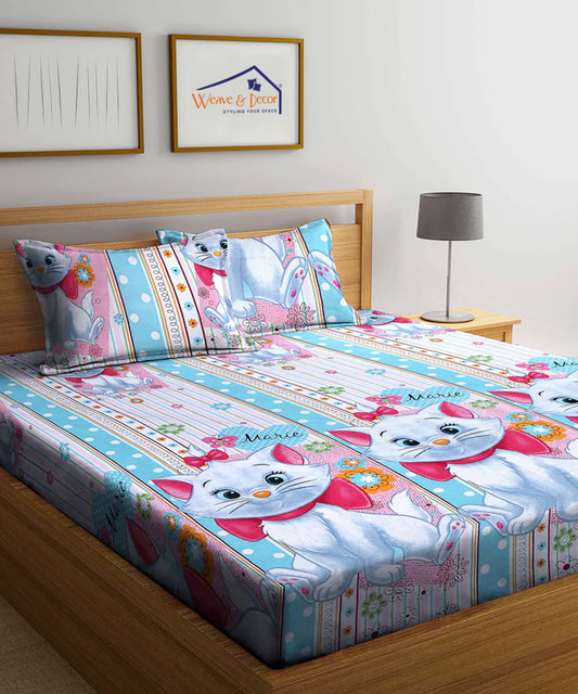 Cute Cat King Size Bedsheet With 2 Pillow Covers