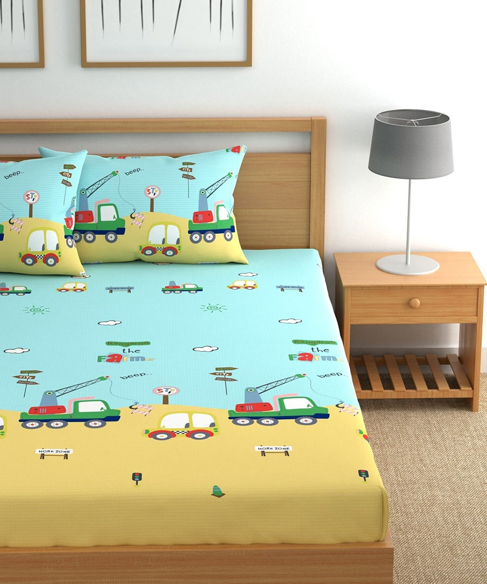 Car Kids Super King Fiited Bedsheet With 2 Pillow Covers