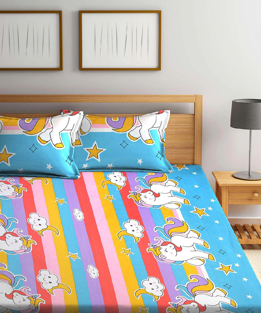 Unicorn Print Super King Fitted Bedsheet With 2 Pillow Covers