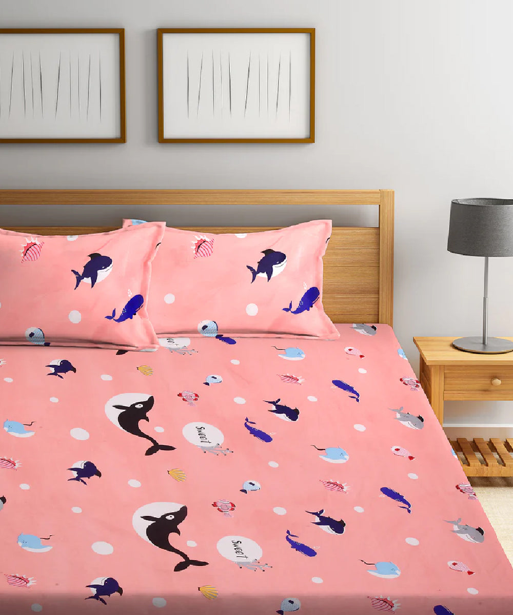 Pink dolphins King Size Bedsheet with 2 pillow Covers