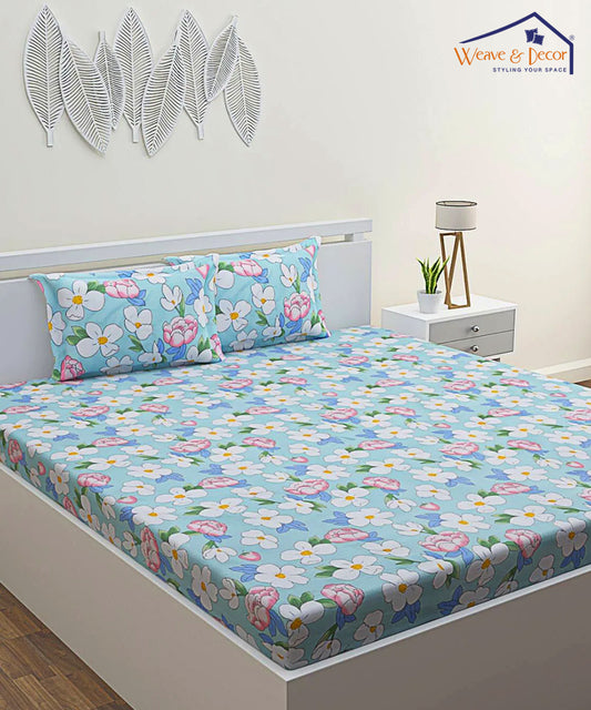 Green Floral Double Bedsheet With 2 Pillow Covers