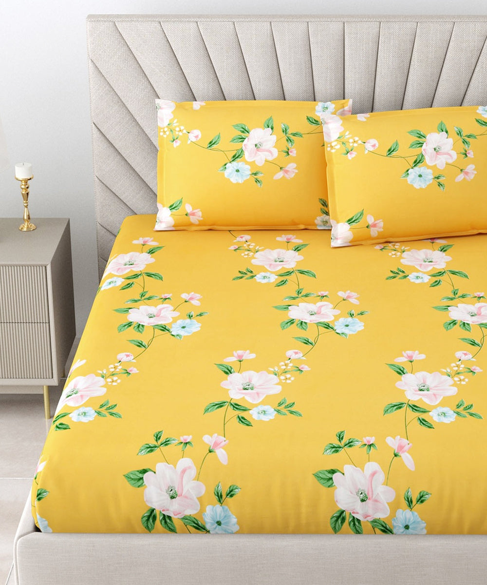 Yellow Floral Double Bedsheet with 2 Pillow Covers