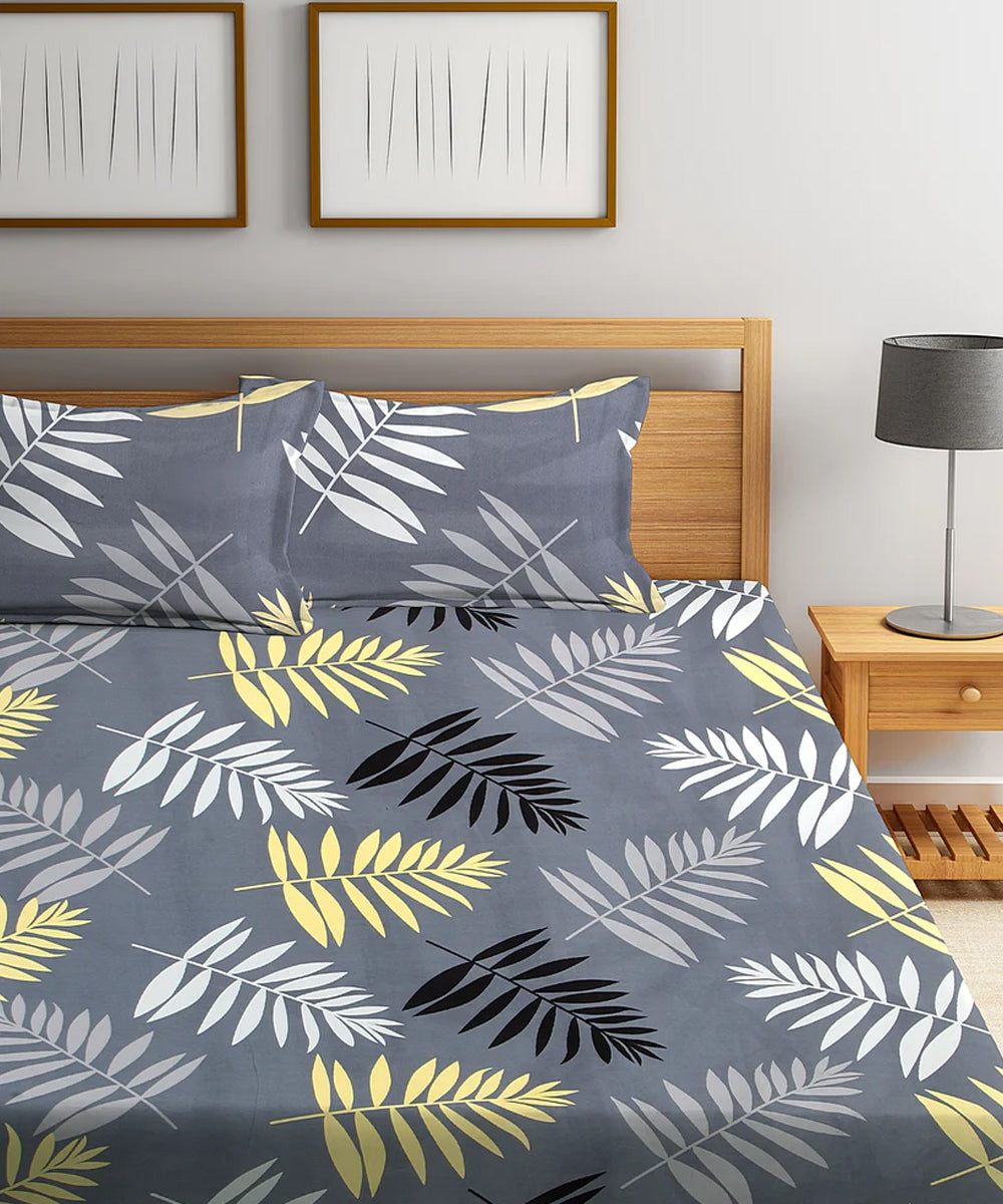 Grey Floral Double Bedsheet With 2 Pillow Cover