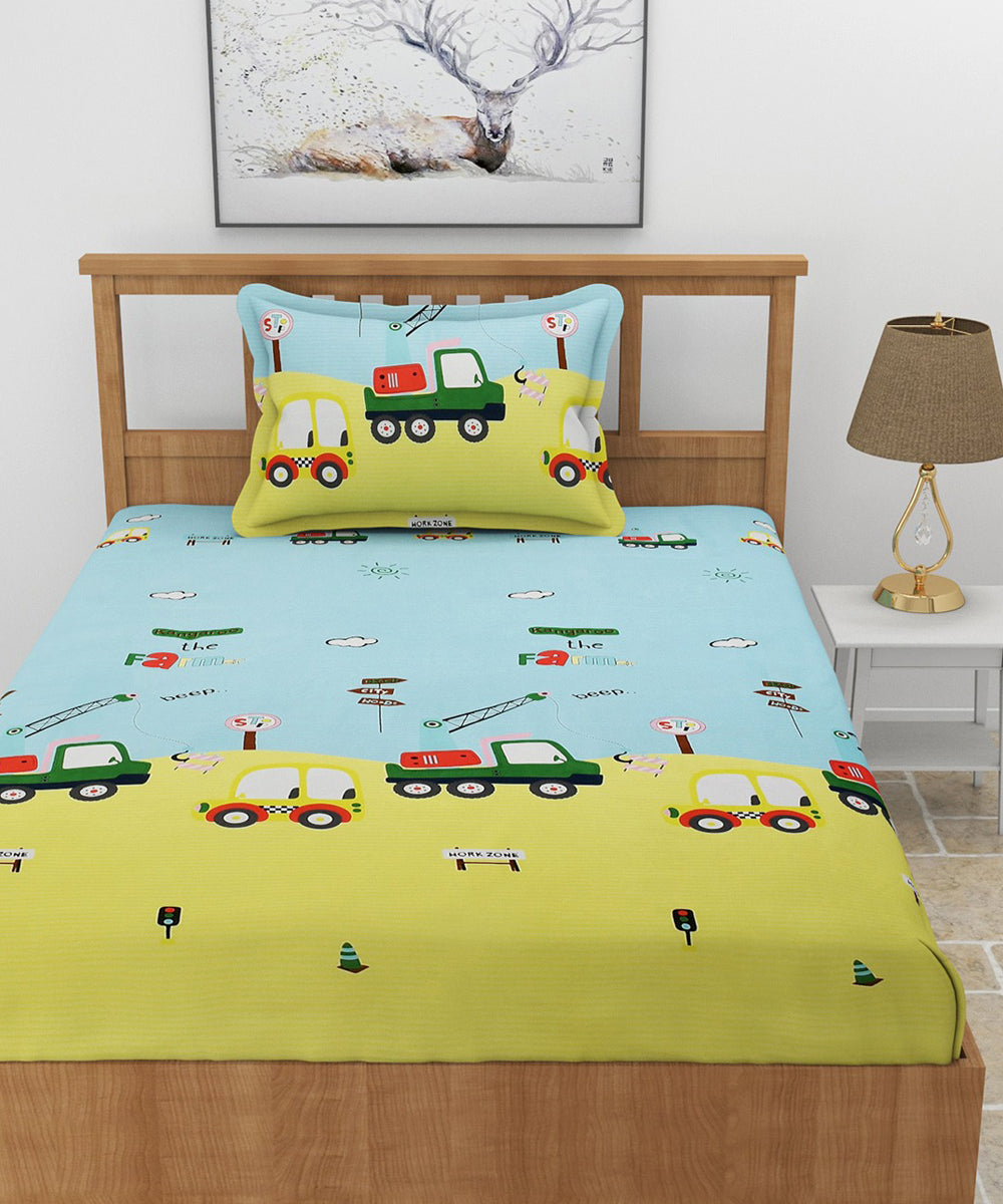 Car Kids Single Fitted Bedsheet With 1 Pillow Cover