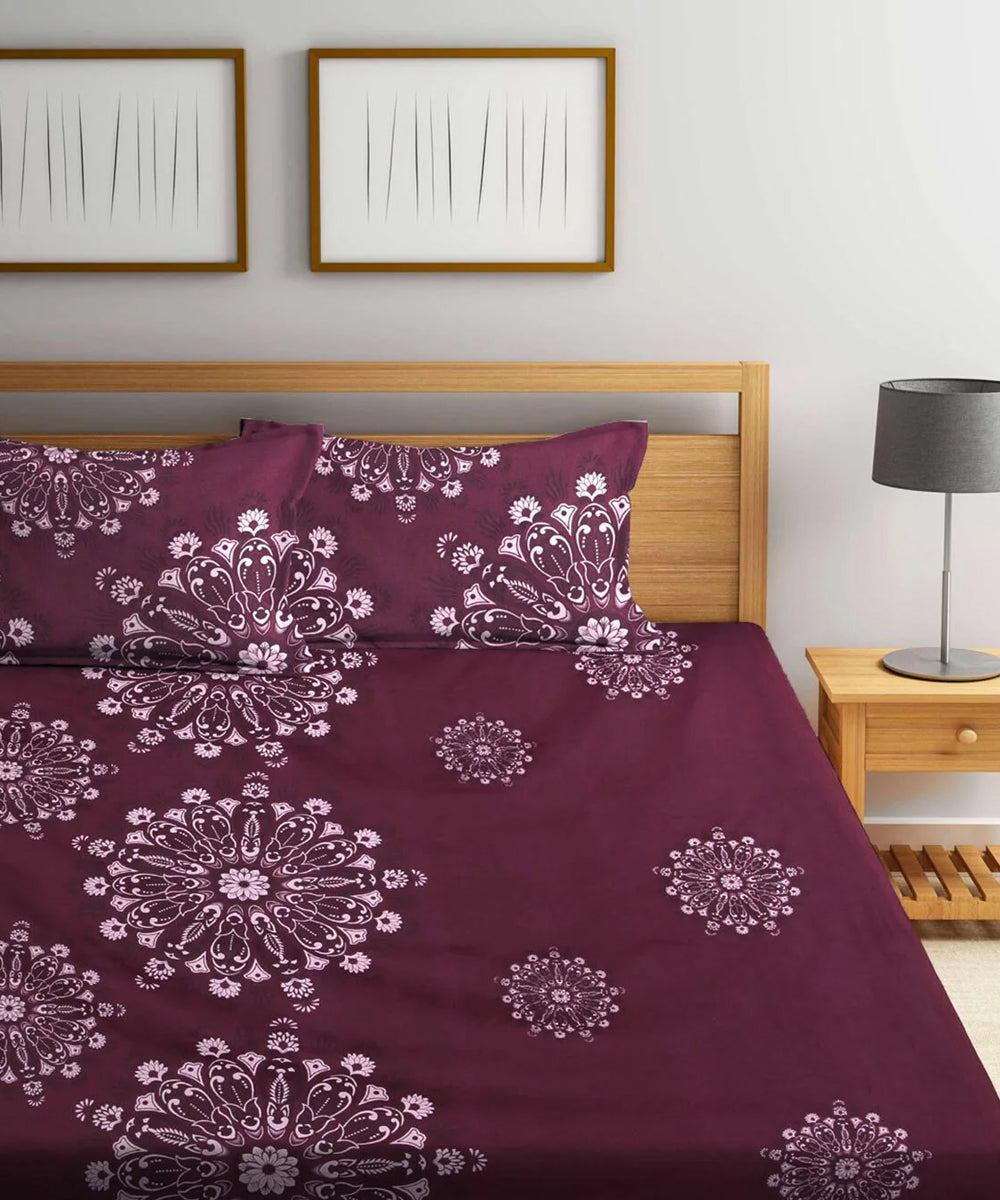 Wine Floral Single Bedsheet With 1 Pillow Cover