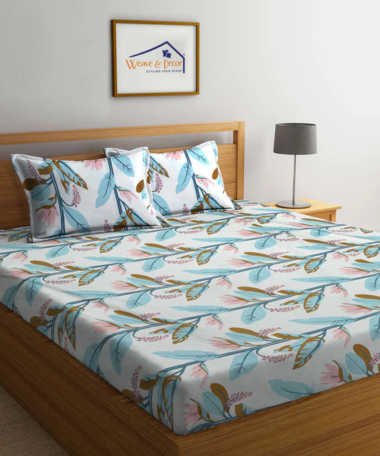 Green And Beige Floral King Size Bedsheet with 2 Pillow Covers