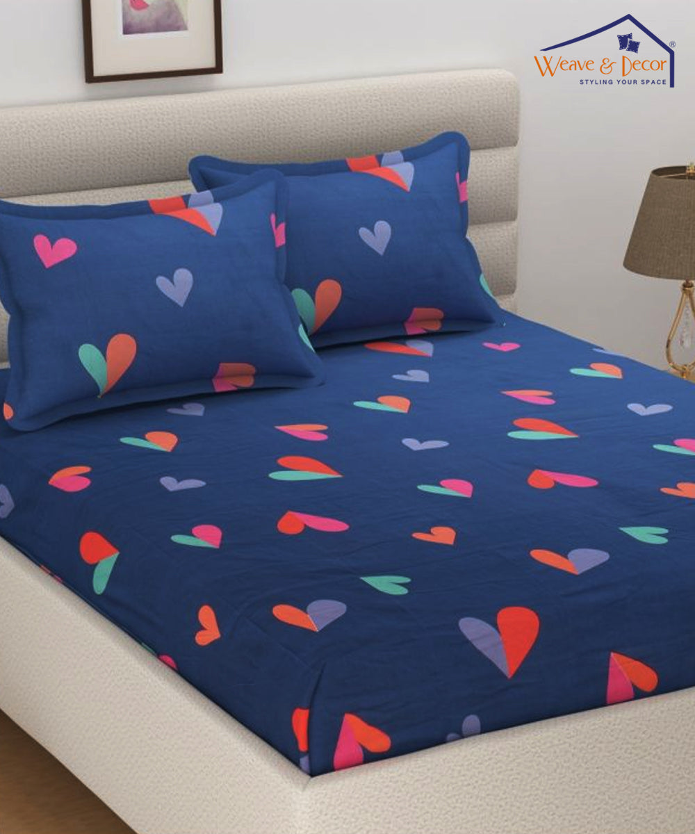 Blue Hearts Double Bedsheet With 2 Pillow Cover