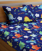 Blue Dinasaur Kids King Size Bedsheet  with 2 Pillow Covers