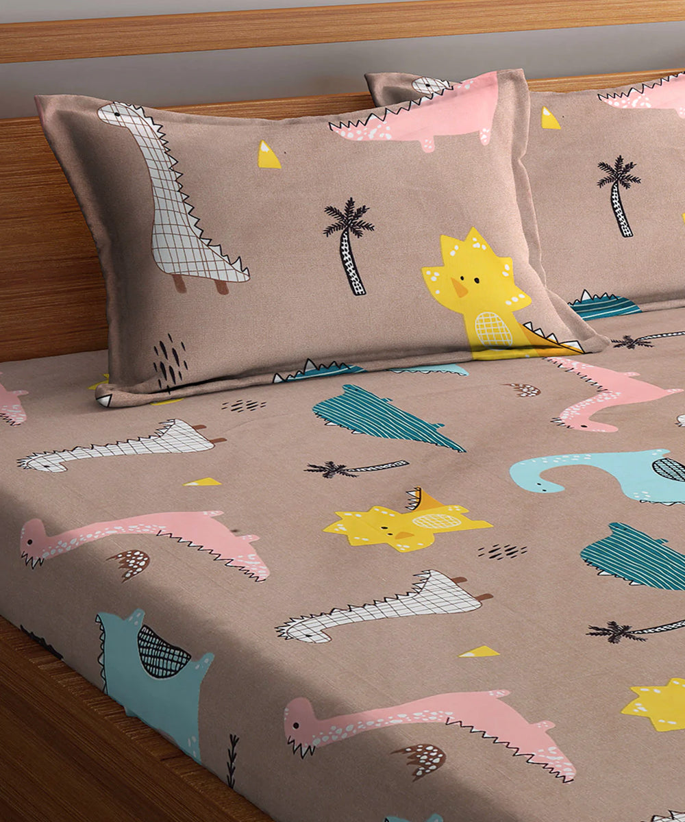 Cute Dinosaur Super King Fitted Bedsheet With 2 Pillow Covers
