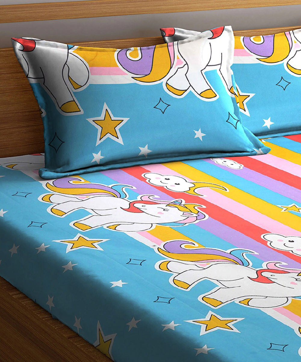 Unicorn Print Super King Fitted Bedsheet With 2 Pillow Covers