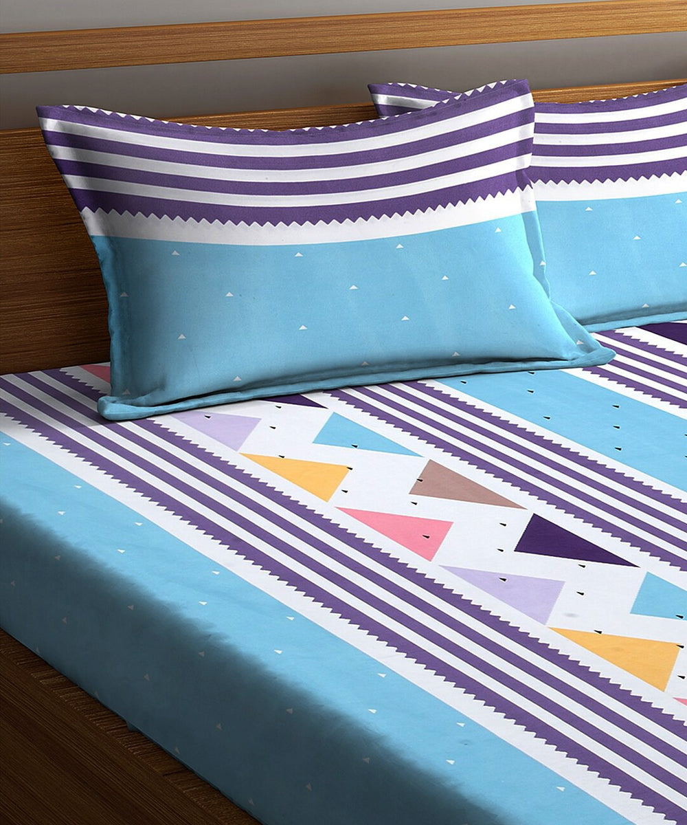 Blue Geometric Double Bedsheet With 2 Pillow Cover