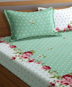 Green & White Floral Bedsheet With 2 Pillow Cover