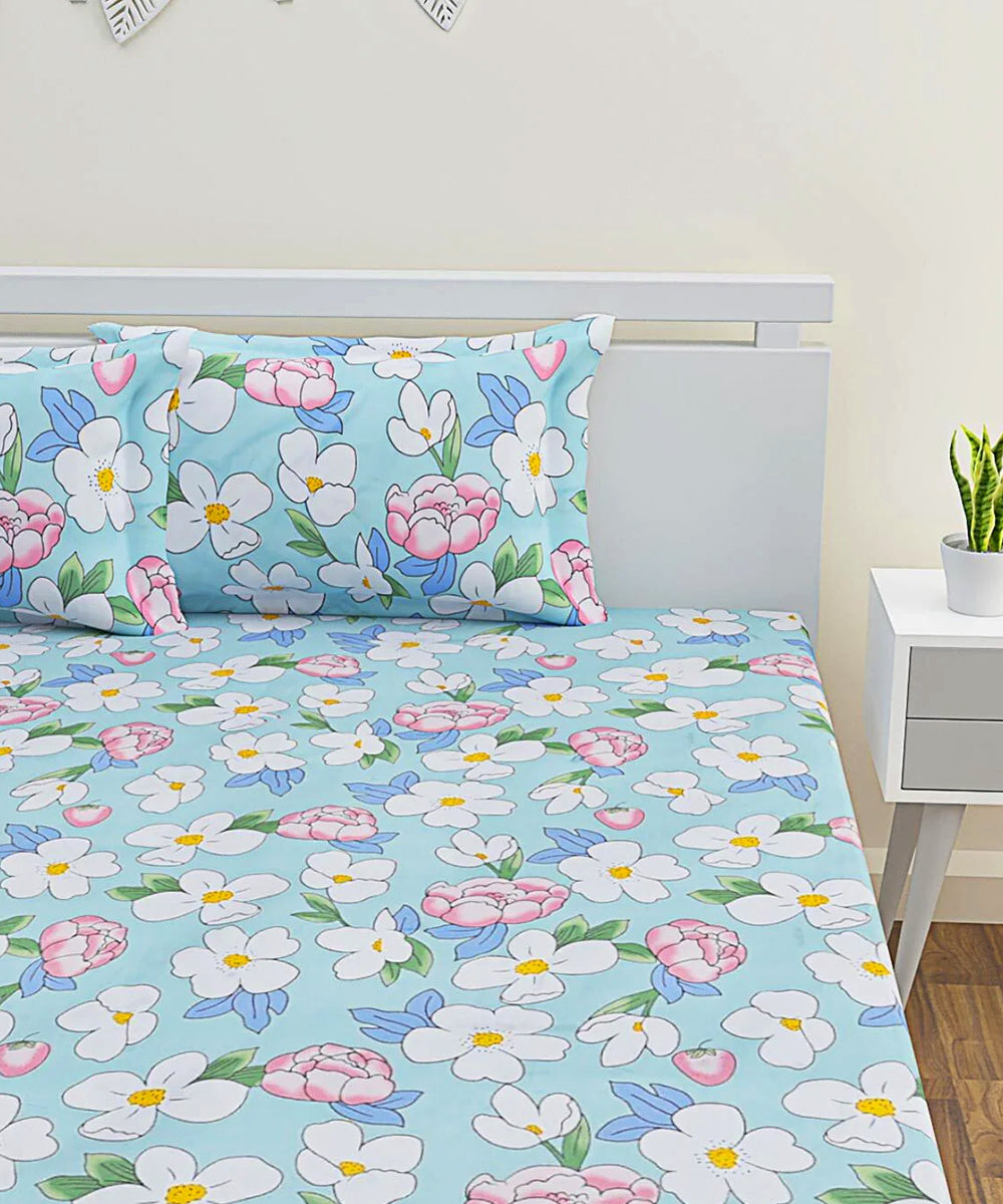 Green Floral Double Bedsheet With 2 Pillow Covers