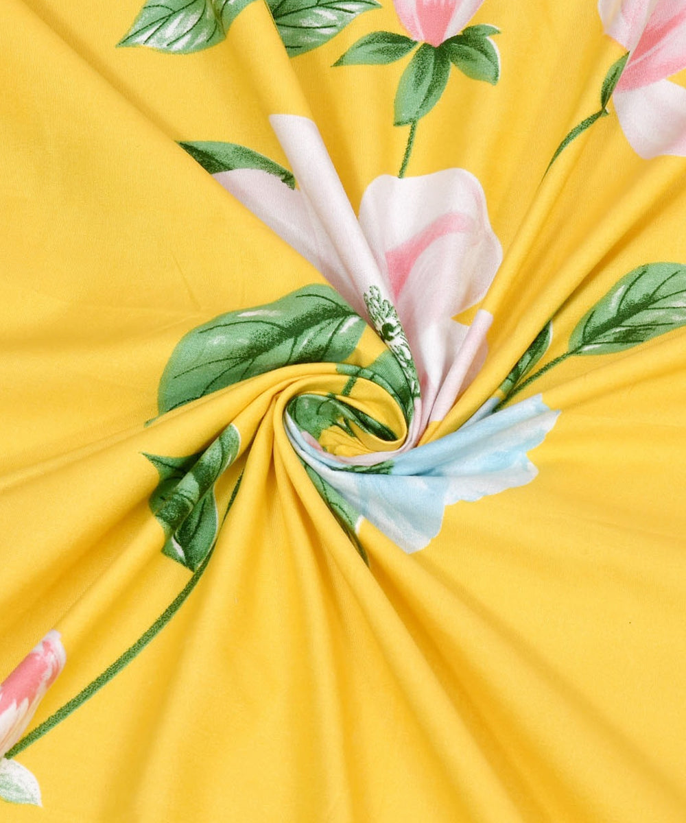 Yellow Floral Double Bedsheet with 2 Pillow Covers