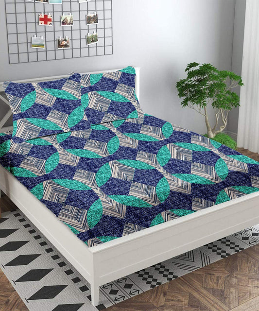 Multicoloured Geometric Super King Fitted Bedsheet With 2 Pillow Covers