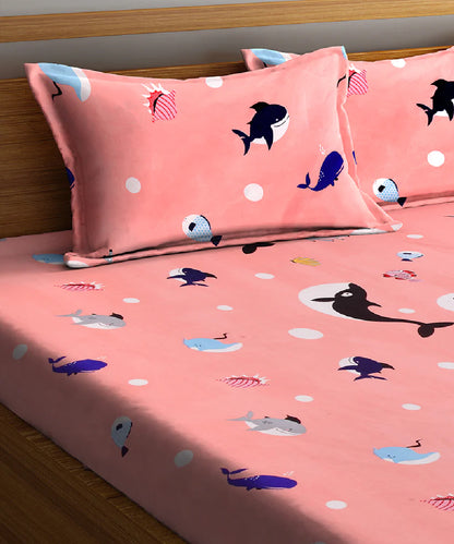 Pink dolphins King Size Bedsheet with 2 pillow Covers
