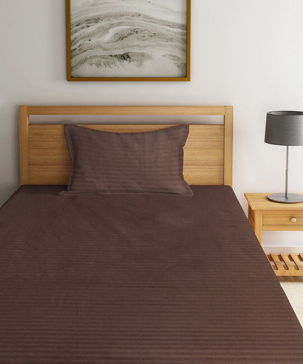Brown Satin Stripe Single Bedsheet With 1 Pillow Cover