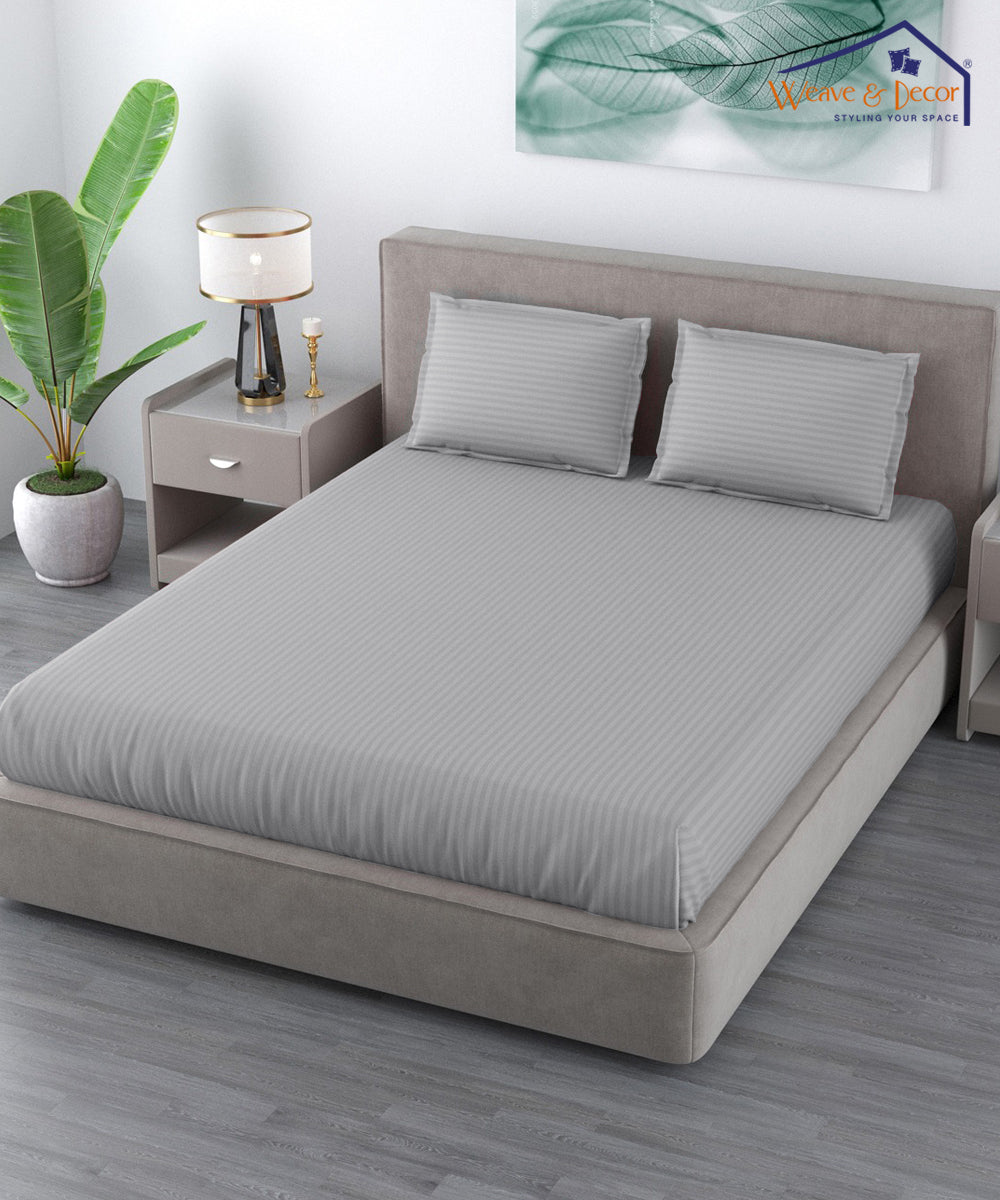 Light Grey Satin Stripe King Size Bedsheet With 2 Pillow Covers