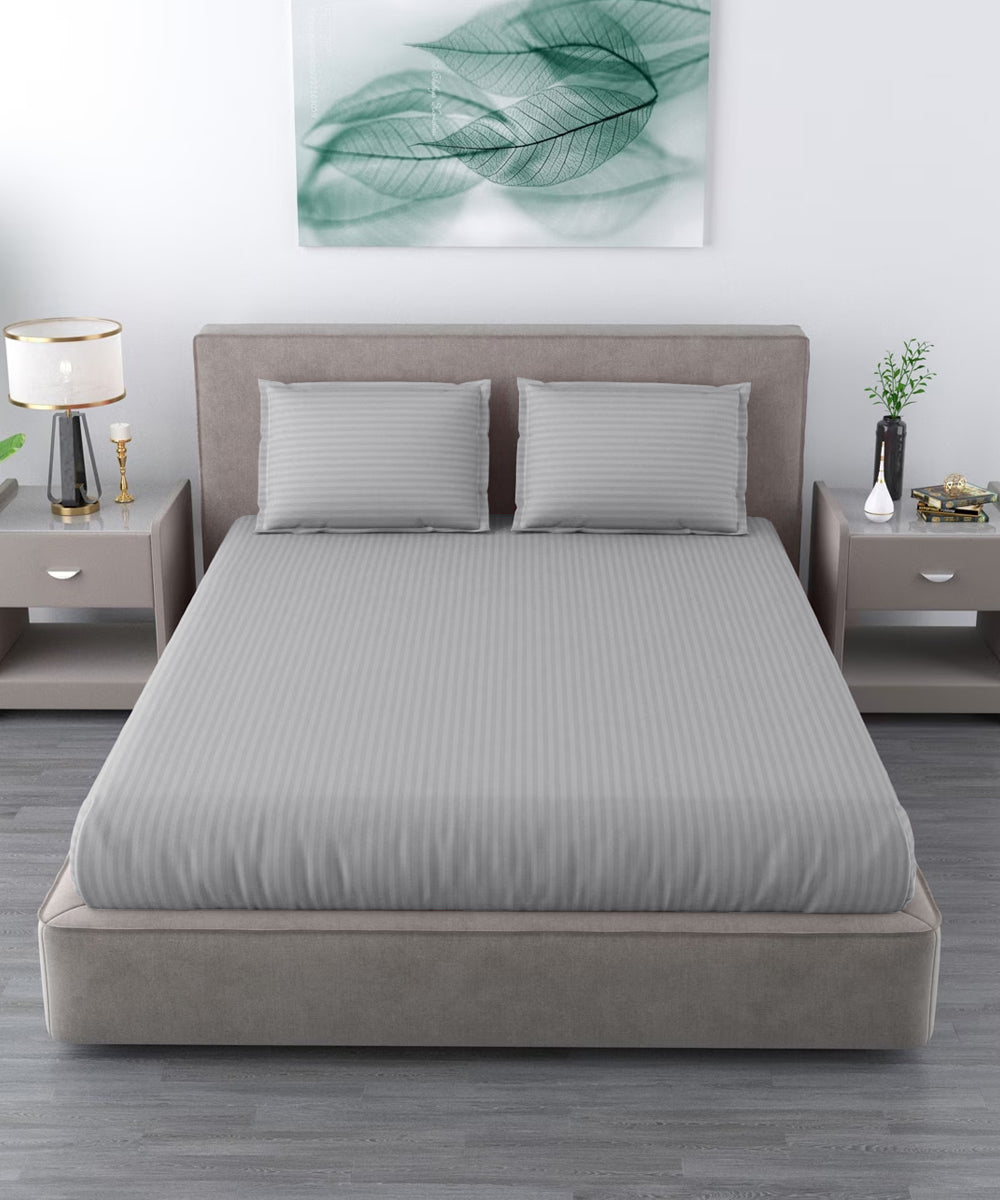 Light Grey Satin Stripe King Size Bedsheet With 2 Pillow Covers