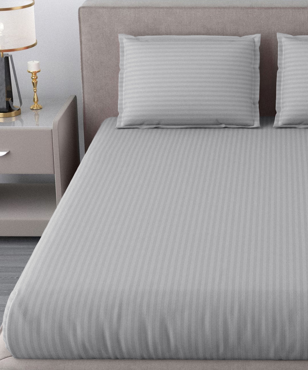 Light Grey Satin Stripe King Size Bedsheet With 2 Pillow Covers
