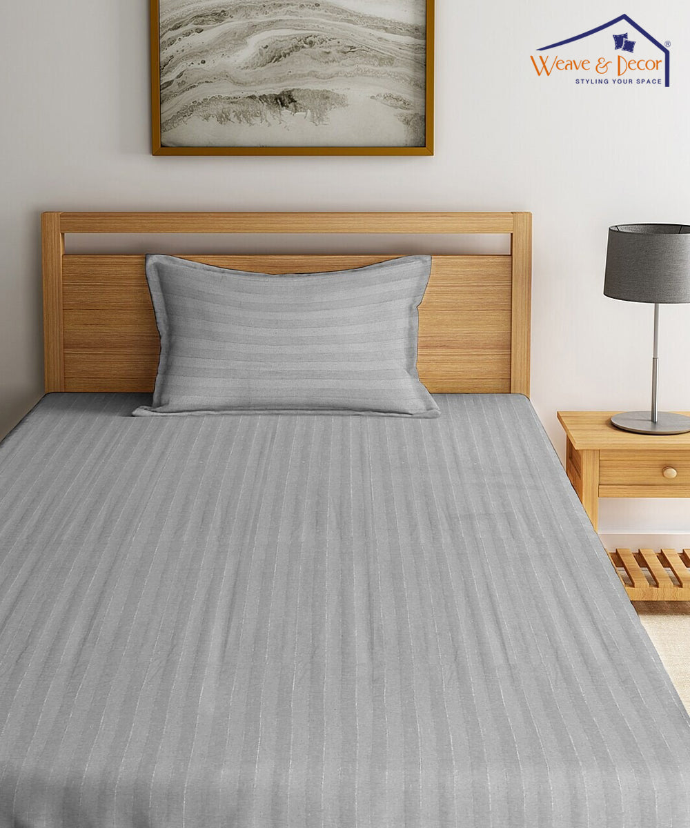 Light Grey Satin Stripe Single Bedsheet With 1 Pillow Cover