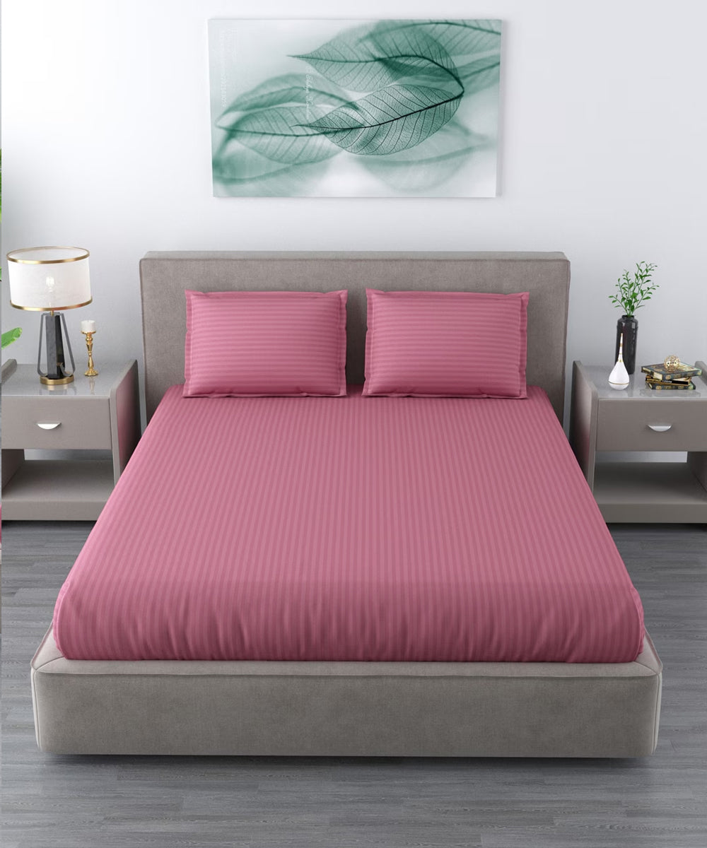 Pink Satin Stripe Double Bedsheet With 2 Pillow Covers