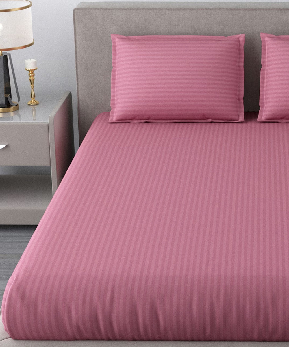 Pink Satin Stripe Double Bedsheet With 2 Pillow Covers