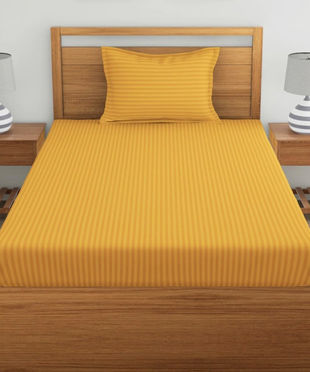 Yellow Satin Stripe Single Bedsheet With 1 Pillow Cover