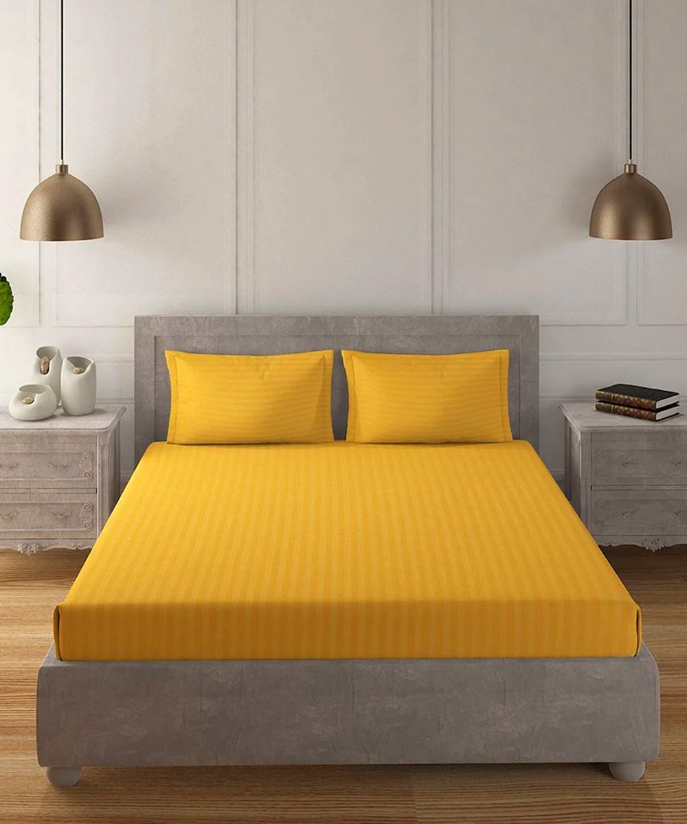 Yellow Satin Stripe Double Bedsheet With 2 Pillow Covers