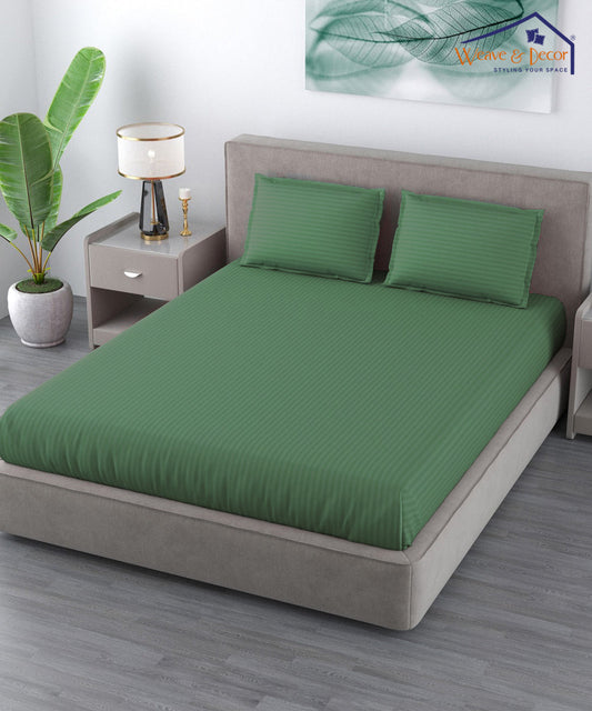 Dark Green Satin Stripe Super King Fitted Bedsheet With 2 Pillow Covers