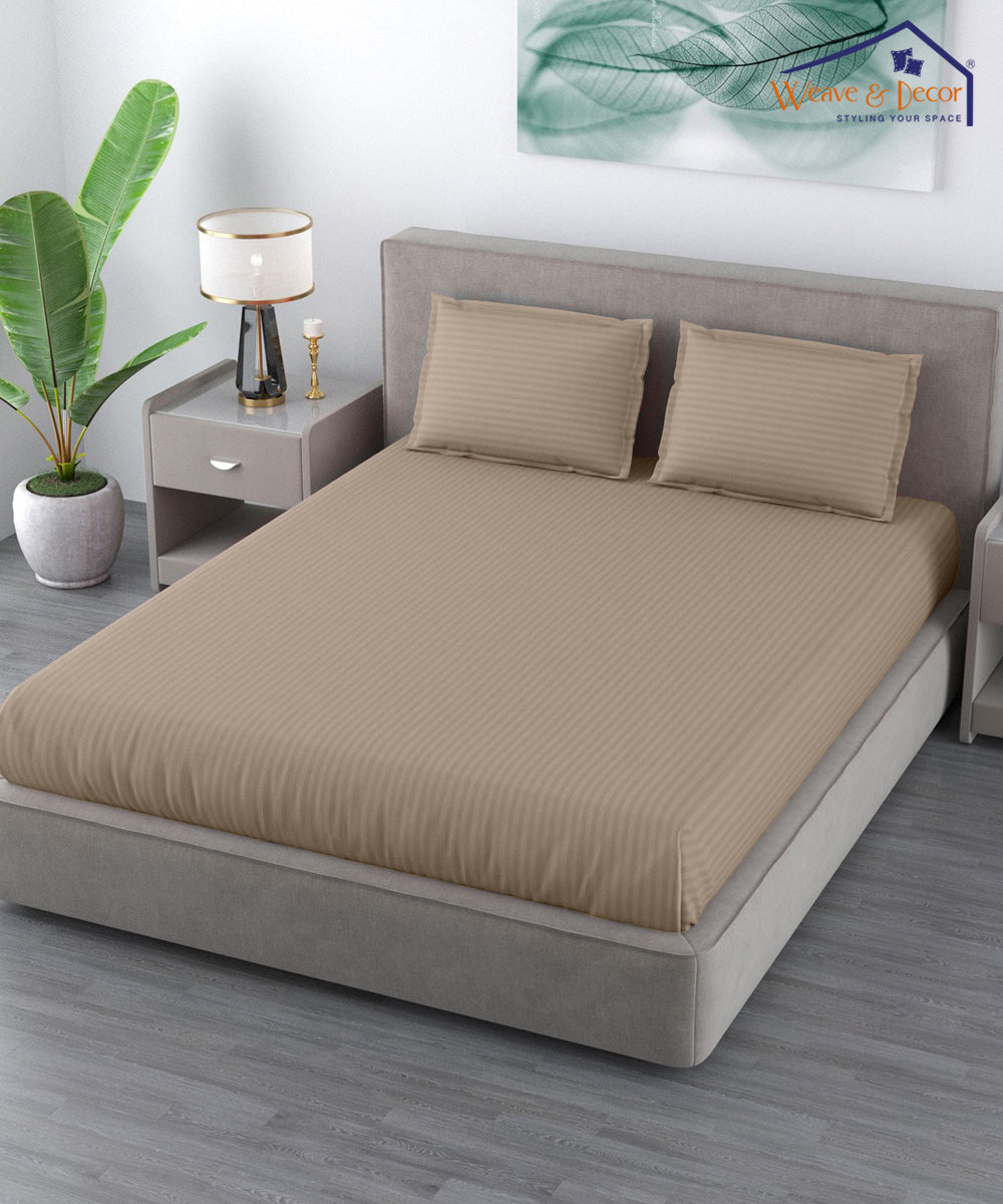Dark Beige Satin Stripe Queen Fitted Bedsheet With 2 Pillow Covers