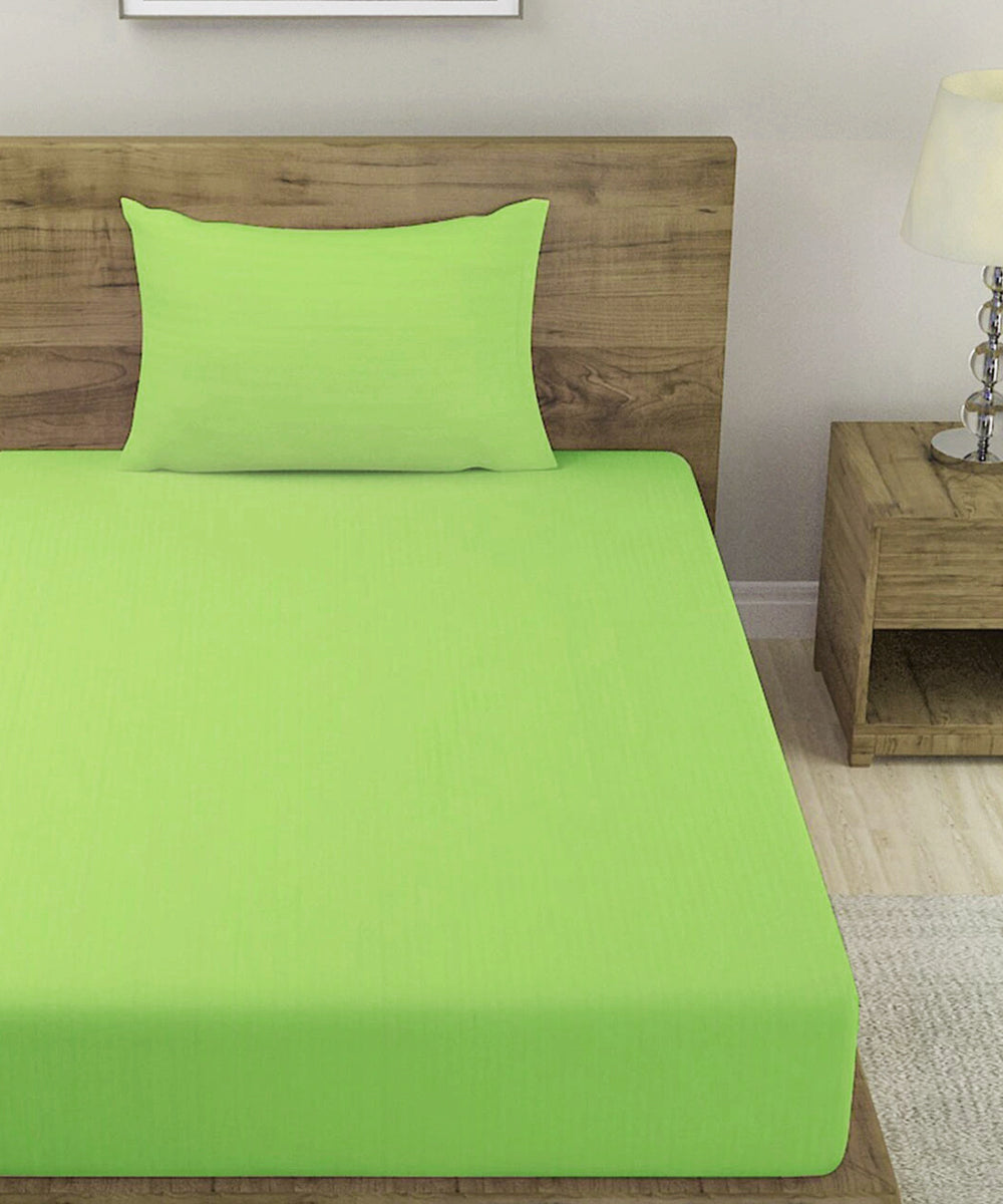 Green Satin Stripe Single Bedsheet With 1 Pillow Cover