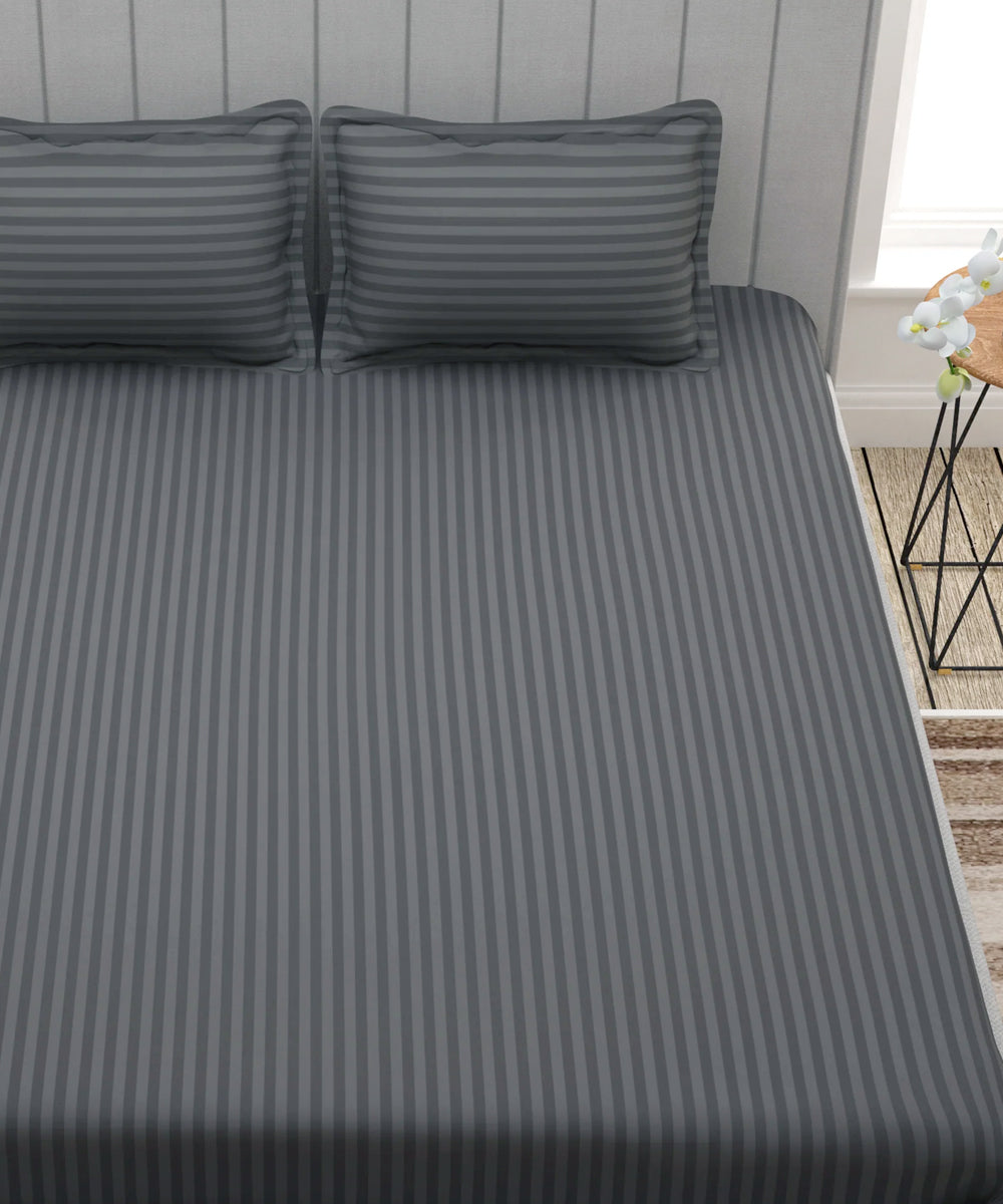 Grey Satin Stripe King Size Bedsheet With 2 Pillow Covers
