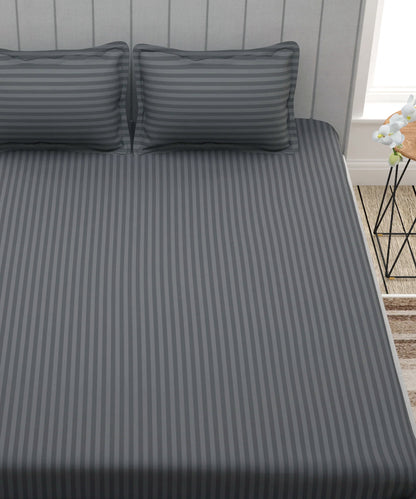 Grey Satin Stripe King Size Bedsheet With 2 Pillow Covers