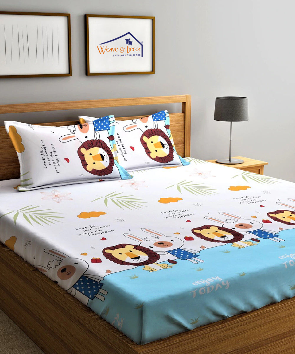 Lion & Bunny Buddies Kids Super King Fitted Bedsheet With 2 Pillow Cov ...