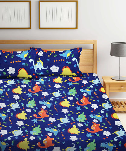 Blue Dinasaur Kids King Size Bedsheet  with 2 Pillow Covers