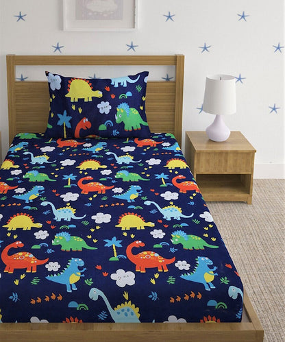 Blue Dinosaur Kids Flat Bedsheet With Pillow Covers