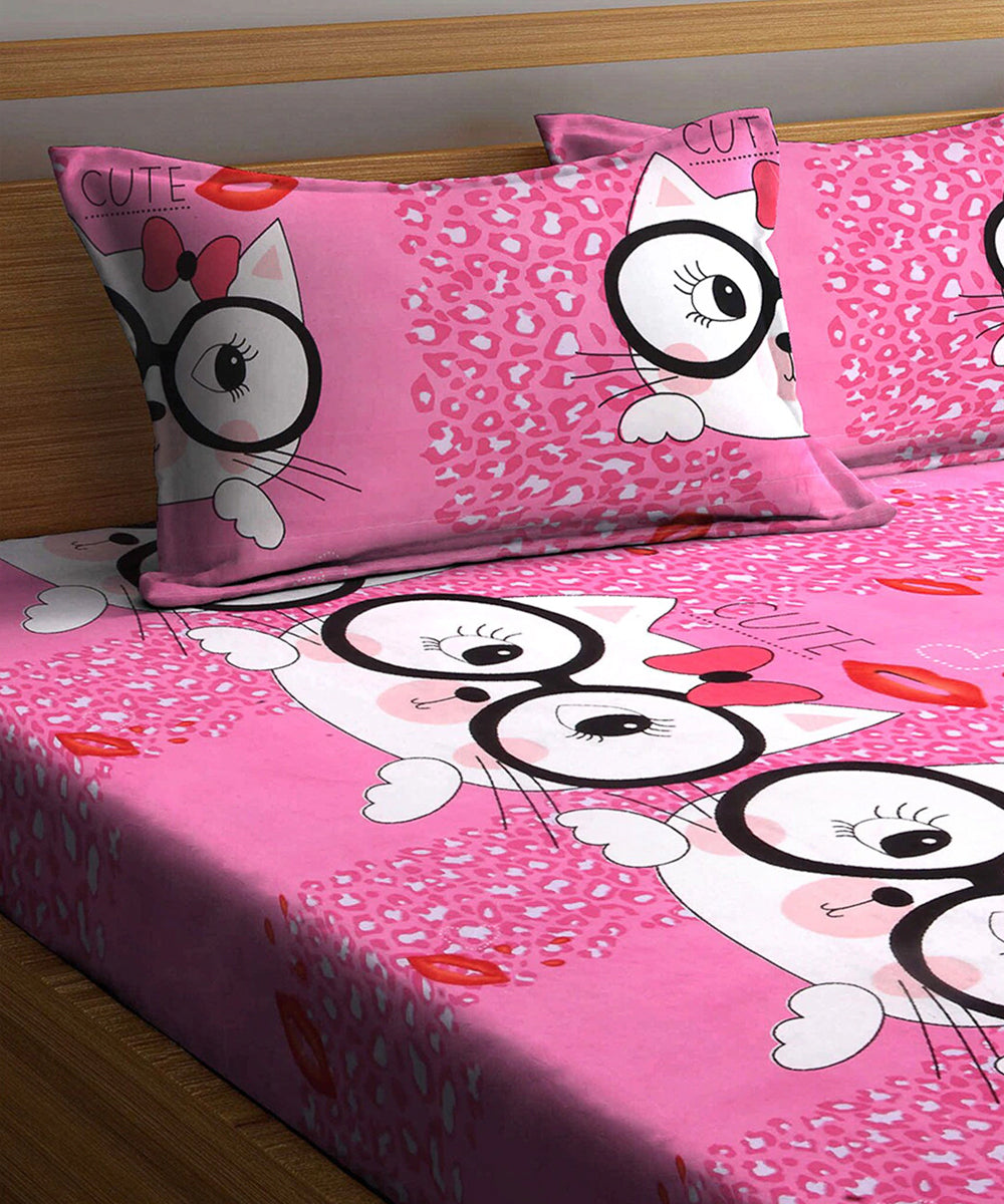 Cute Cat Kids King Fitted Bedsheet With 2 Pillow Covers