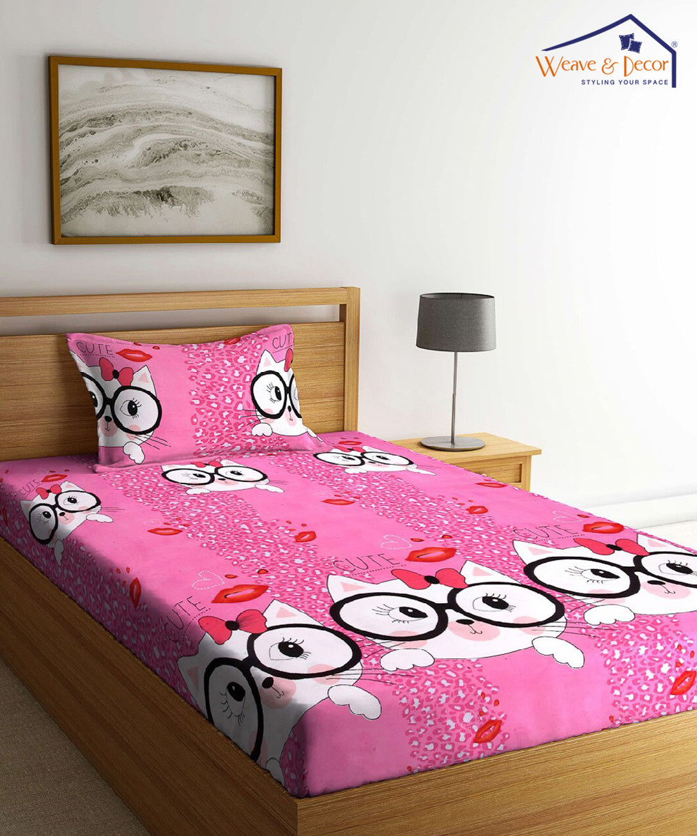 Cute Cat Kids Single Fitted Bedsheet With 1 Pillow Cover