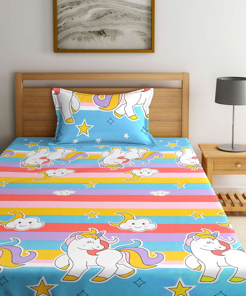 Unicorn Fantasy Print Kids Flat Bedsheet With Pillow Covers