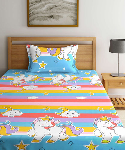 Unicorn Fantasy Print Kids Flat Bedsheet With Pillow Covers