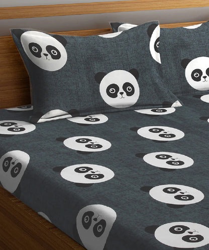 Grey Pandas King Size Bedsheet With 2 Pillow Cover
