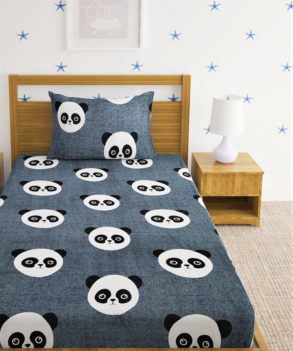Grey Pandas Single Fitted Bedsheet With 1 Pillow Cover