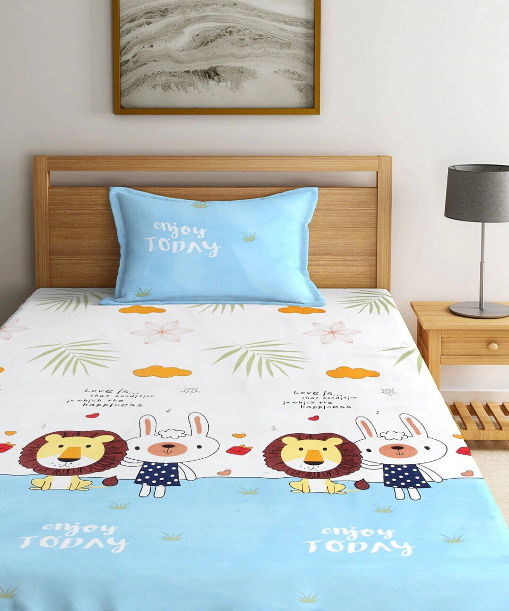 Lion & Bunny Buddies Kids Flat Bedsheet With Pillow Covers