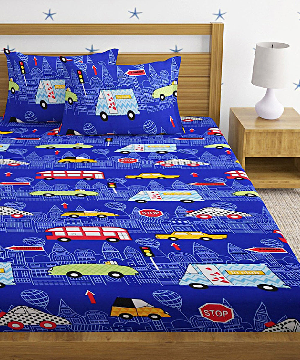 Toy Car Kids Flat Bedsheet With Pillow Covers
