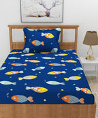 Blue Fish Kids King Size Bedsheet With 2 Pillow Covers