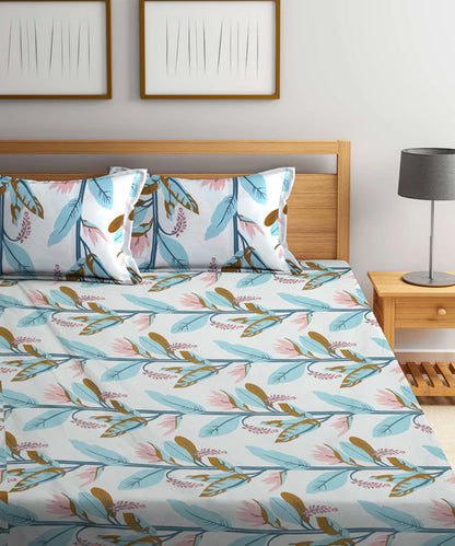 Green and Beige Floral Super King Fitted Bedsheet With 2 Pillow Covers